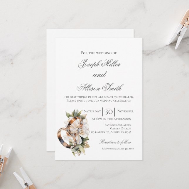 Invitación Boda floral boho con anillos (Anverso/Reverso In Situ)