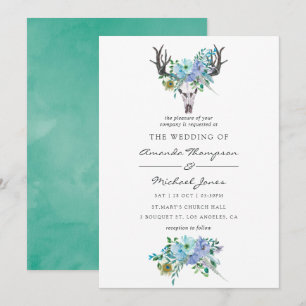Invitación Boda floral boho de acuarela azul y menta