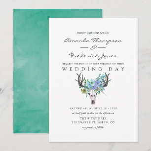 Invitación Boda floral boho de acuarela azul y menta