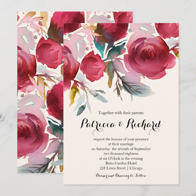 Invitación Boda floral boho de Borgoña Marsala (Anverso / Reverso)