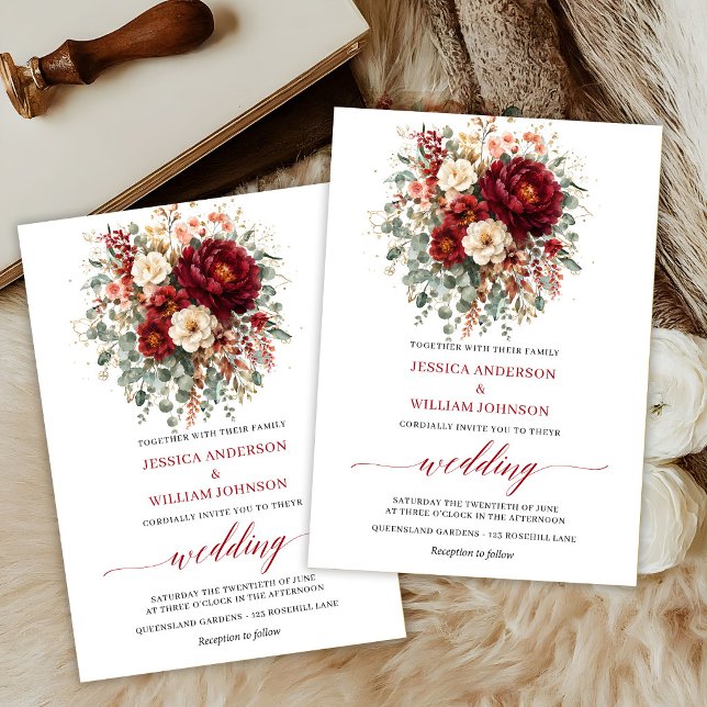 Invitación Boda Floral Boho de Eucalipto Rojo Profundo de Oto (Autumn Deep Red Floral Boho Eucalyptus Wedding Invite

)