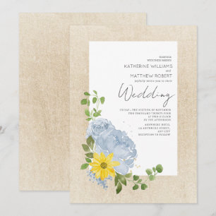 Invitación Boda Floral Boho de Girasoles Azules Polvorientos