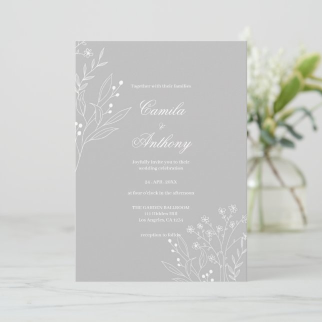 Invitación Boda Floral Boho de la esquina blanca plateada (Anverso de pie)