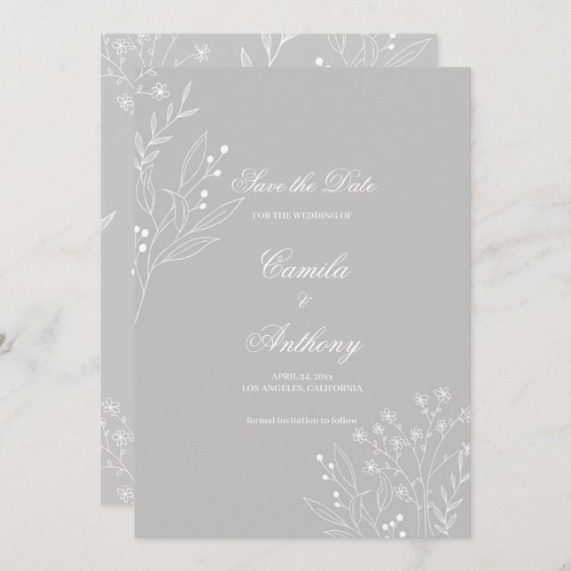 Invitación Boda Floral Boho de la esquina blanca plateada (Anverso / Reverso)
