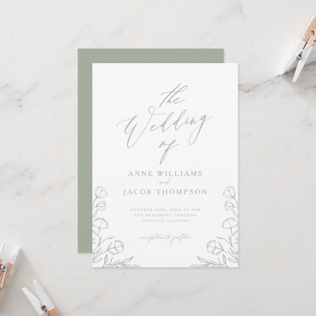 Invitación Boda floral Boho de la vegetación verde de sabio m (Anverso/Reverso In Situ)