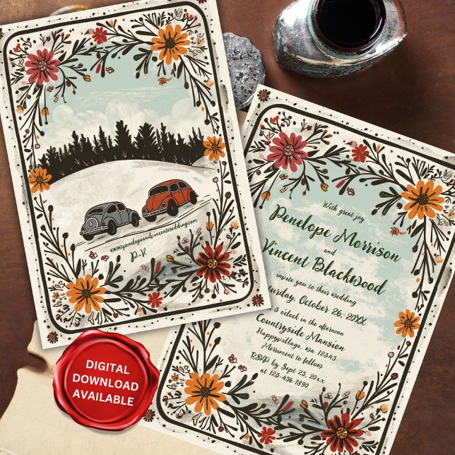 Invitación Boda floral Boho de los coches curados en el campo (Subido por el creador)