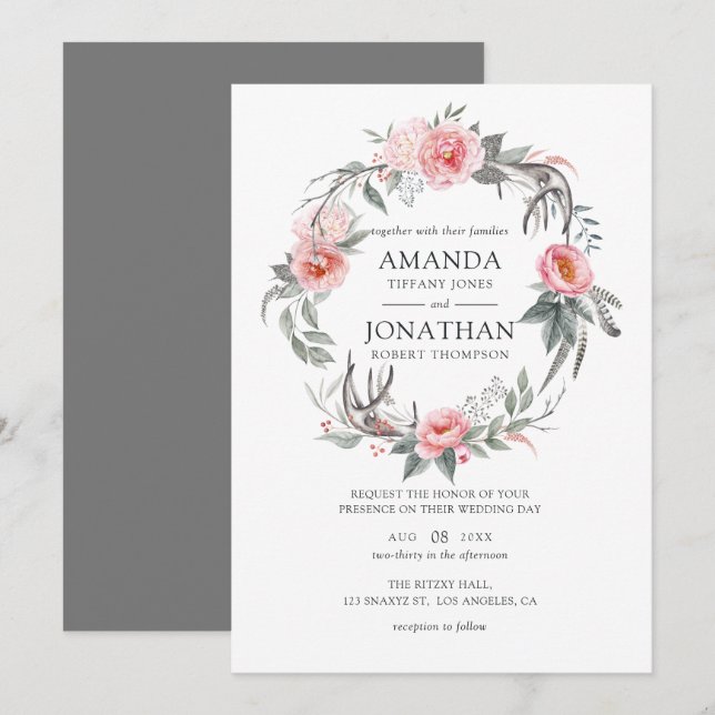 Invitación Boda floral boho de rosa pastel y gris (Anverso / Reverso)