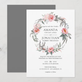 Invitación Boda floral boho de rosa pastel y gris