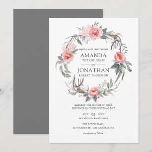 Invitación Boda floral boho de rosa pastel y gris