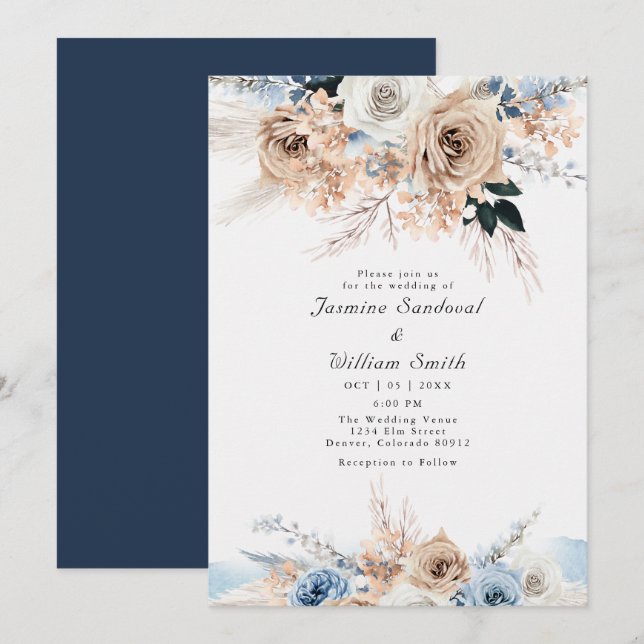 Invitación Boda floral Boho Dusty Blue y Beige (Anverso / Reverso)