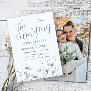 Invitación Boda floral boho elegante de invierno azul polvori