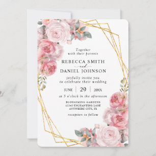 Invitación Boda floral boho elegante geométrica rosa y dorado