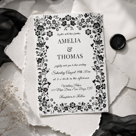 Invitación Boda floral boho en blanco y negro