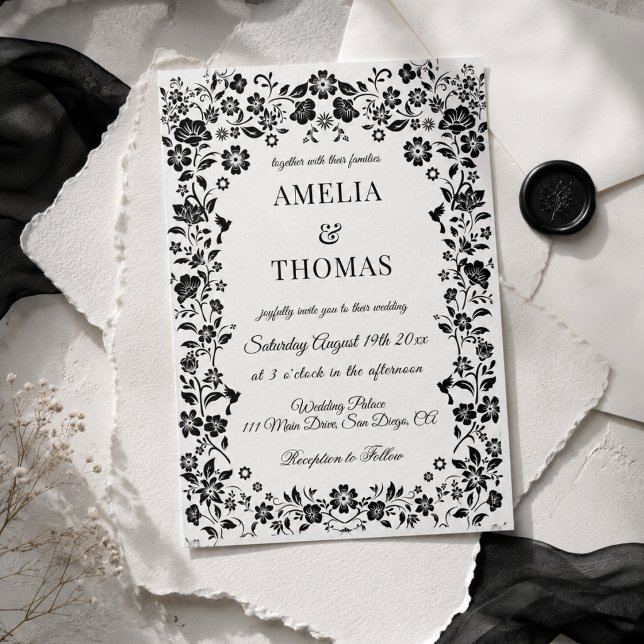 Invitación Boda floral boho en blanco y negro (Subido por el creador)
