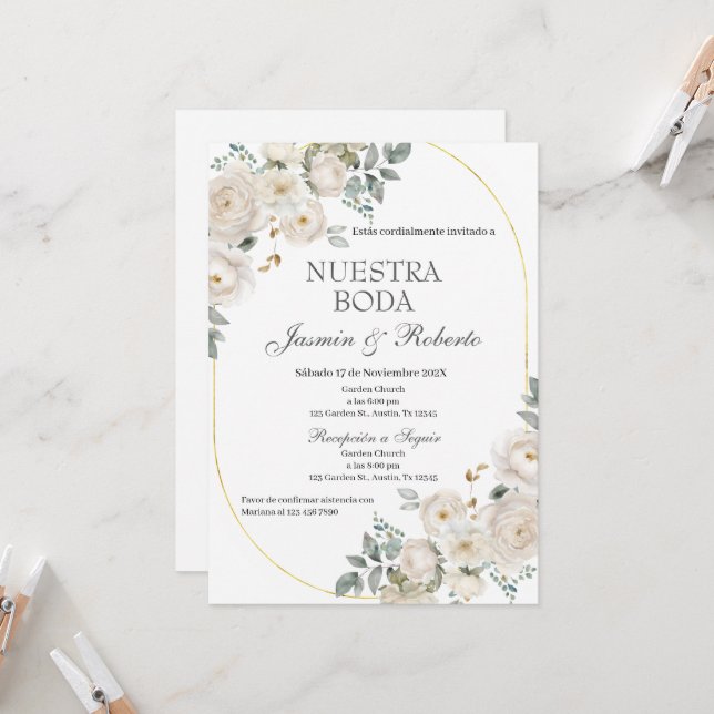 Invitación Boda Floral Boho Español (Anverso/Reverso In Situ)