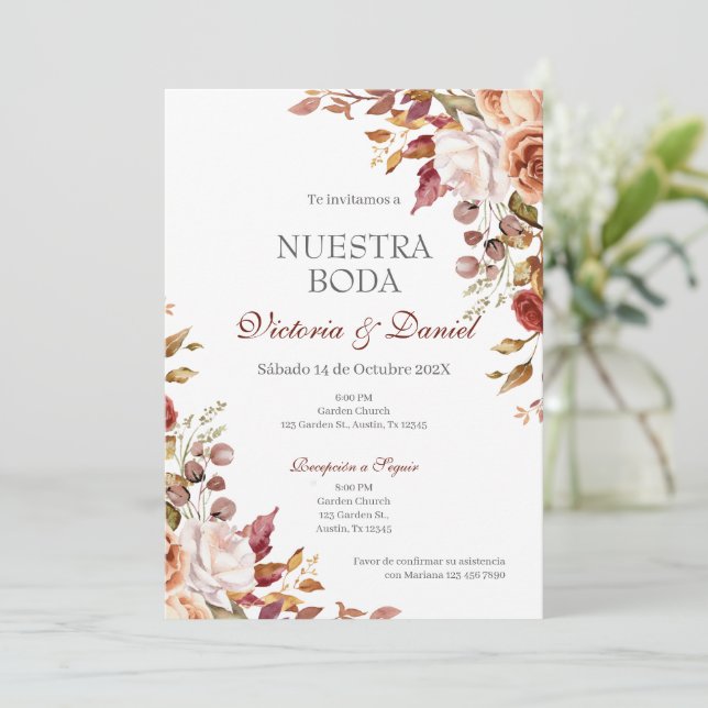Invitación Boda floral boho española (Anverso de pie)