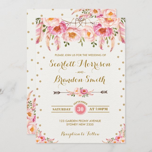 Invitación Boda floral boho / Floral chic rosa dorado (Anverso / Reverso)