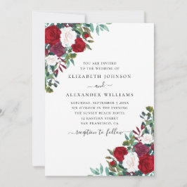 Invitación Boda floral boho. Flores elegantes rojas y blancas