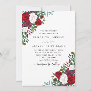 Invitación Boda floral boho. Flores elegantes rojas y blancas