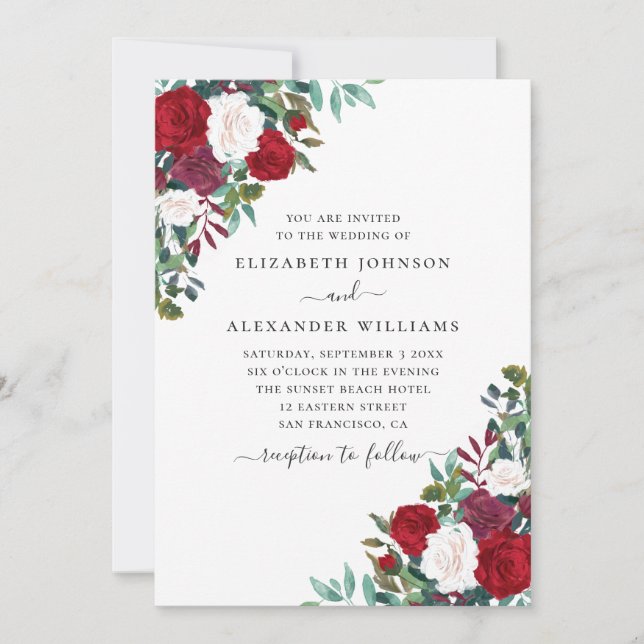 Invitación Boda floral boho. Flores elegantes rojas y blancas (Anverso)
