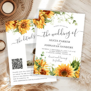 Invitación Boda floral boho girasol negro y blanco