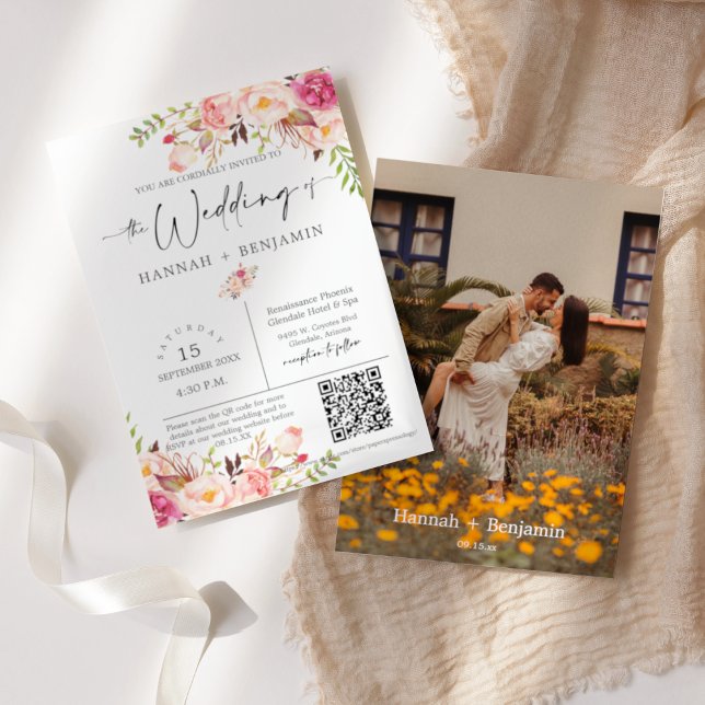 Invitación Boda Floral Boho Guión mínimo Código QR Foto (Subido por el creador)