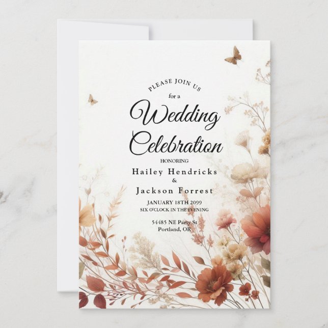 Invitación Boda floral boho marrón con mariposas (Anverso)