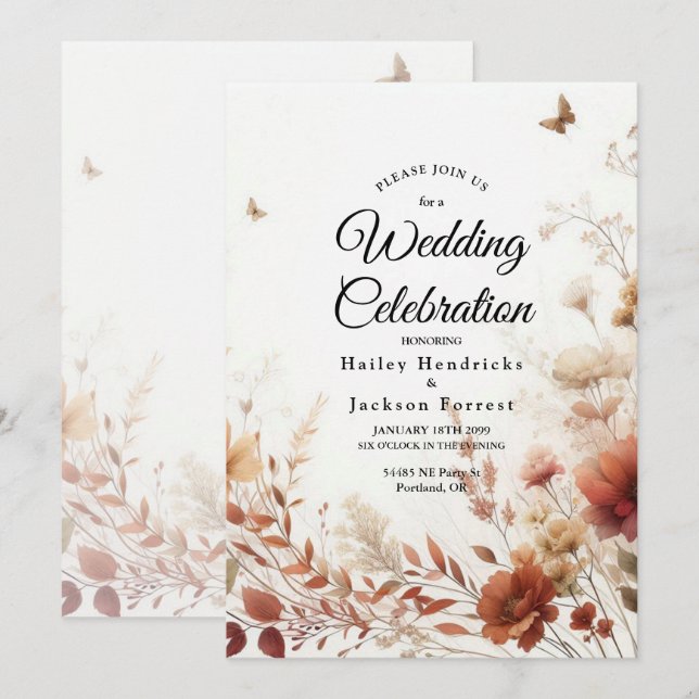 Invitación Boda floral boho marrón con mariposas (Anverso / Reverso)