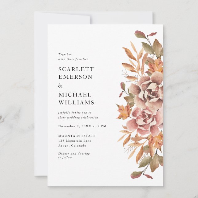 Invitación Boda floral boho moderna de otoño (Anverso)