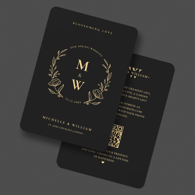 Invitación Boda Floral Boho Monograma Elegante Oro Negro (Floral Boho Wedding Monogram Elegant Black Gold Invitation
)