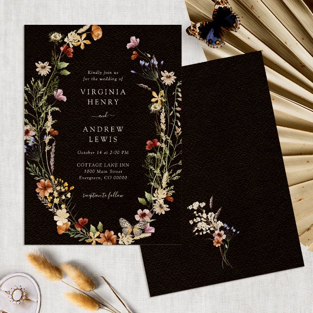 Invitación Boda floral boho negra (Black Boho Watercolor Floral Wedding Invitation by Painted Paperie
)