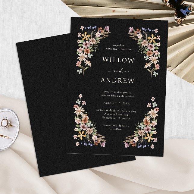 Invitación Boda Floral Boho Negra (Moody Black Boho Floral Wedding Invitation by Painted Paperie
)