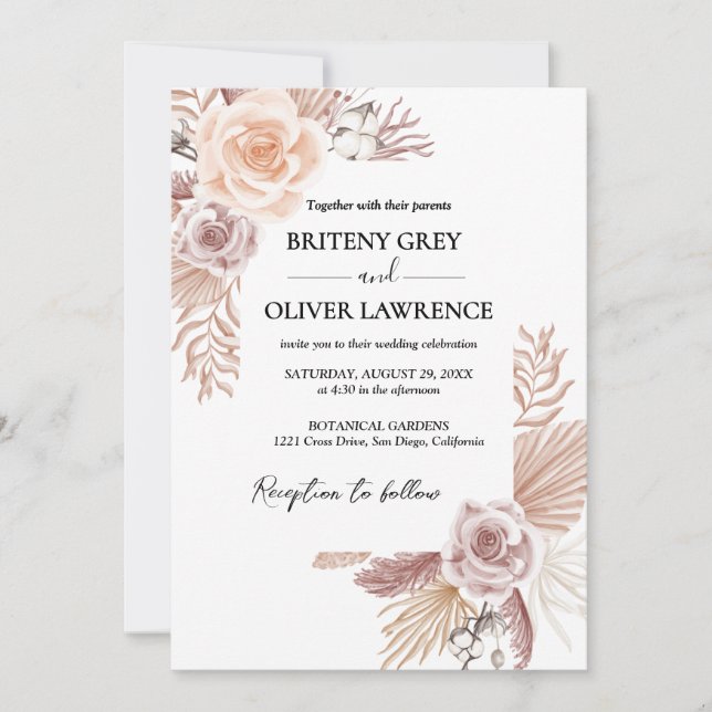 Invitación Boda Floral Boho Neutral Rústica (Anverso)