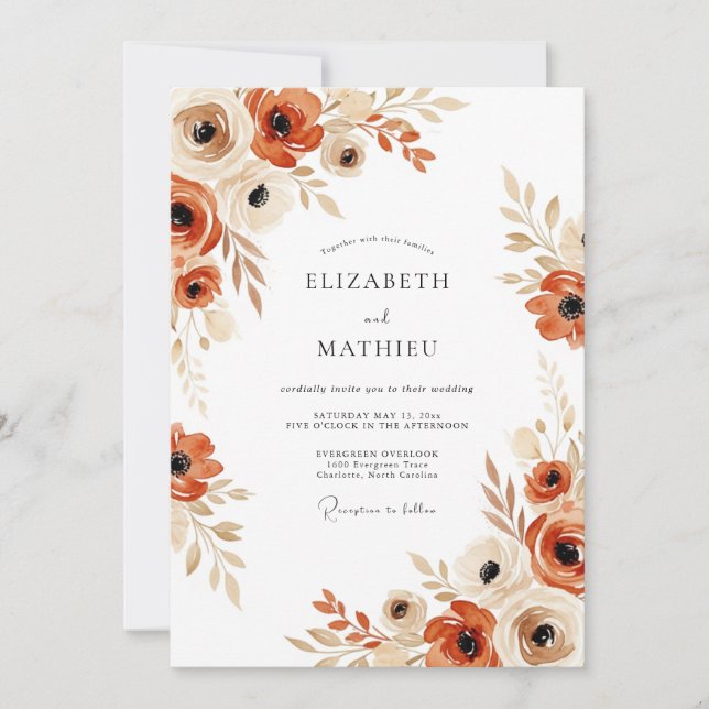 Invitación Boda floral boho otoñal de terracota (Anverso)