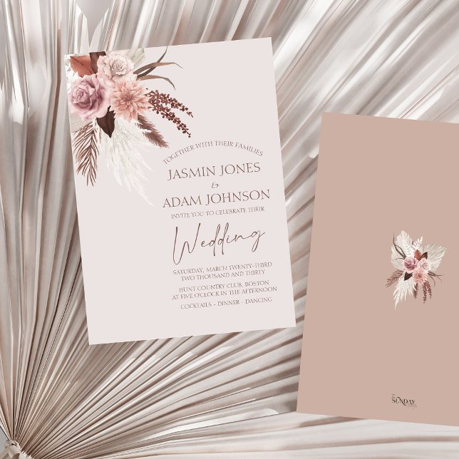 Invitación Boda Floral Boho Pampas Grass Terracotta (Boho Dusty Pink Dried Flowers Pampas Grass Wedding Invitation)