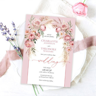 Invitación Boda floral boho romántica con rosas rosadas elega