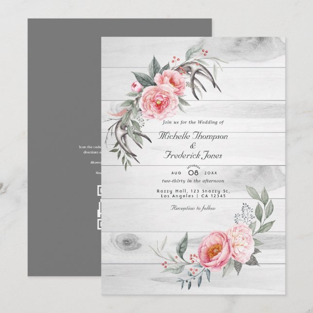 Invitación Boda Floral Boho Rosa Rústico Código QR RSVP (Anverso / Reverso)