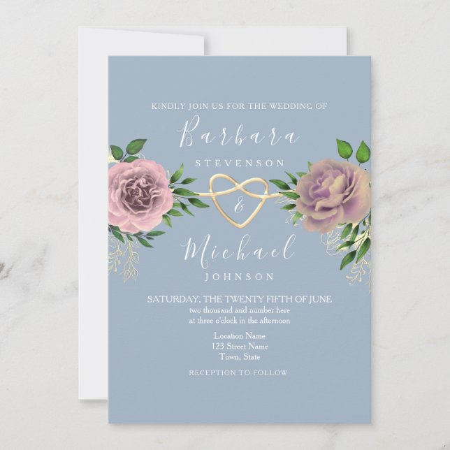 Invitación Boda Floral Boho rosa y azul turbio (Anverso)