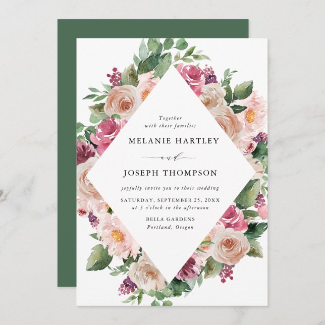 Invitación Boda floral Boho Rubor & Pink Spring (Anverso / Reverso)