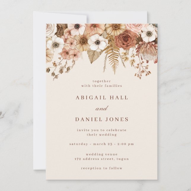 Invitación Boda floral boho terracota (Anverso)