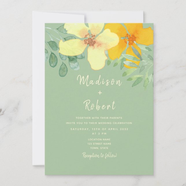 Invitación Boda floral boho verde salvia (Anverso)