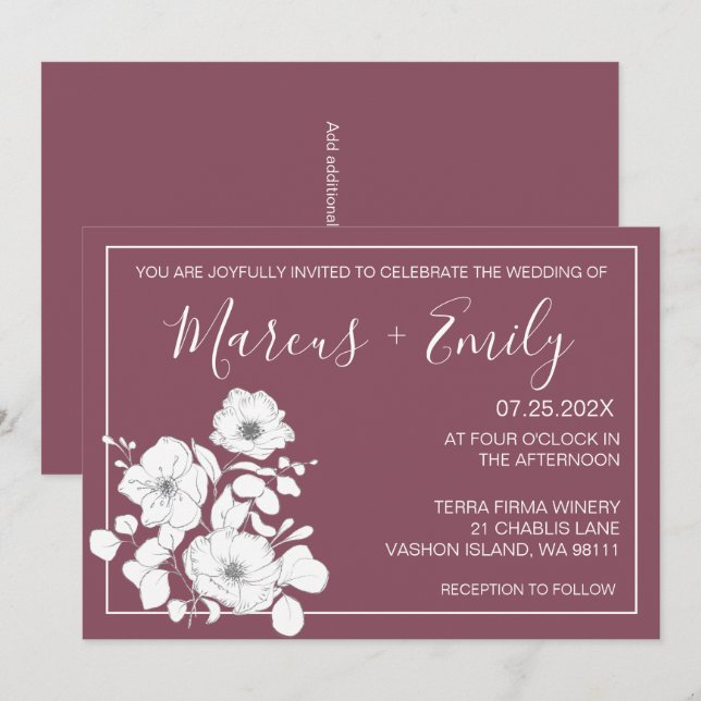 Invitación Boda floral bonito morado y blanco (Anverso / Reverso)