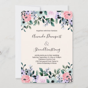 Invitación Boda Floral Bordes Acuarela Rosa Purpura Verde