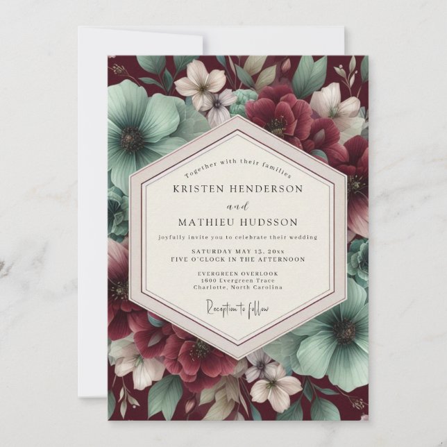 Invitación Boda floral borgoña (Anverso)