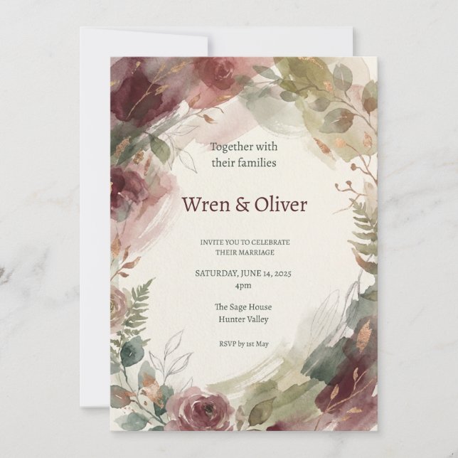 Invitación Boda floral borgoña (Anverso)