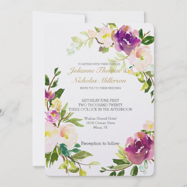 Invitación Boda floral borgoña con acuarela rosa (Anverso)
