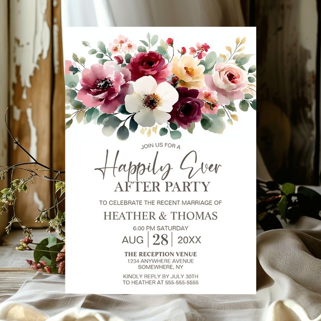 Invitación Boda Floral Borgoña Después De Fiesta (Subido por el creador)