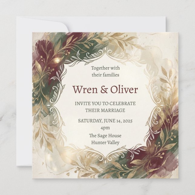 Invitación Boda floral borgoña dorada (Anverso)
