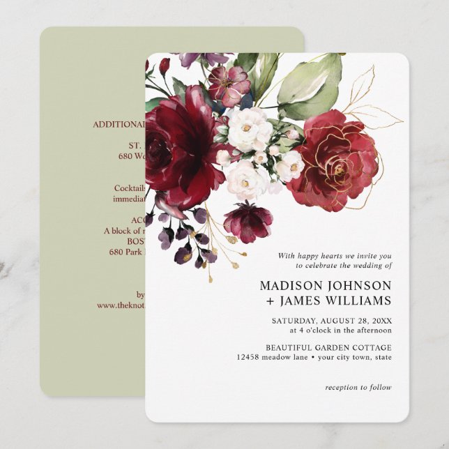 Invitación Boda Floral Borgoña Dorado con Detalles Rosados (Anverso / Reverso)