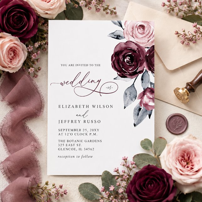 Invitación Boda floral borgoña moderna elegante (Elegant Modern Burgundy Floral Wedding Invitation)